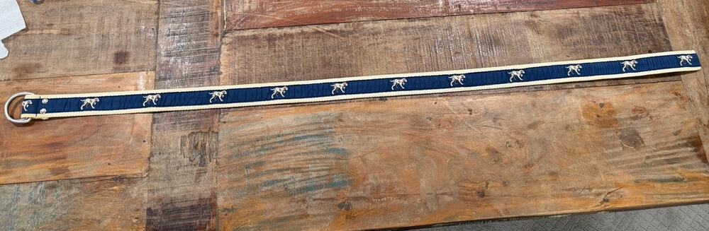 J.Crew Hunting Bird Dog Embroidered Belt Navy D Ring 44” Preppy Sporting